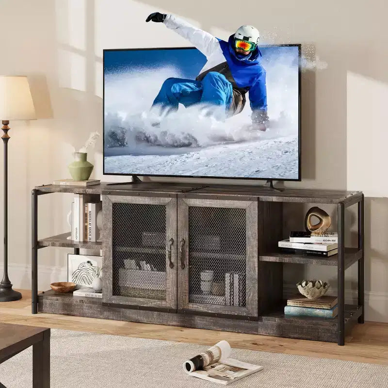 Mobile TV rustico per TV da 65/75 pollici, mobile multimediale con armadietto e ante in rete, tavolo consolle industriale per soggiorno