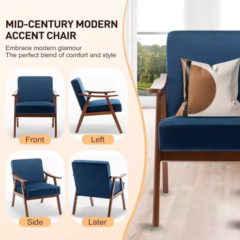 Poltrona d'accento, Sedie da soggiorno con struttura in legno massello, Sedia moderna di metà secolo con schienale ergonomico per camera da letto, sala lettura