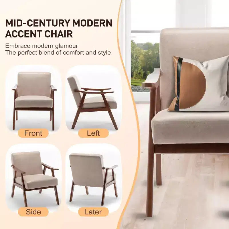 Poltrona d'accento, Sedie da soggiorno con struttura in legno massello, Sedia moderna di metà secolo con schienale ergonomico per camera da letto, sala lettura