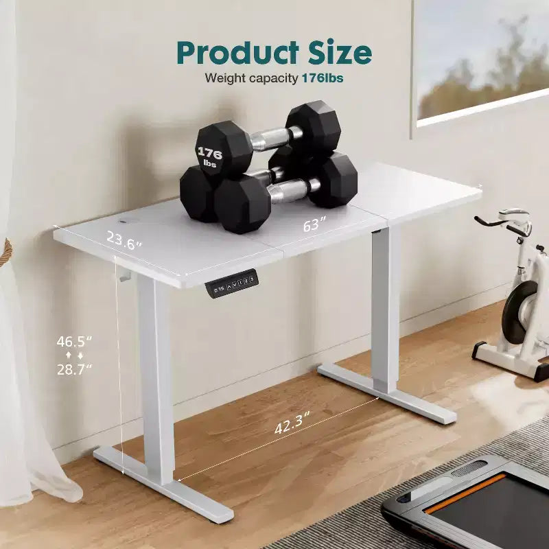 Scrivania elettrica regolabile in altezza 160 cm, piano giuntato con 2 ganci e gestione cavi, bianca
