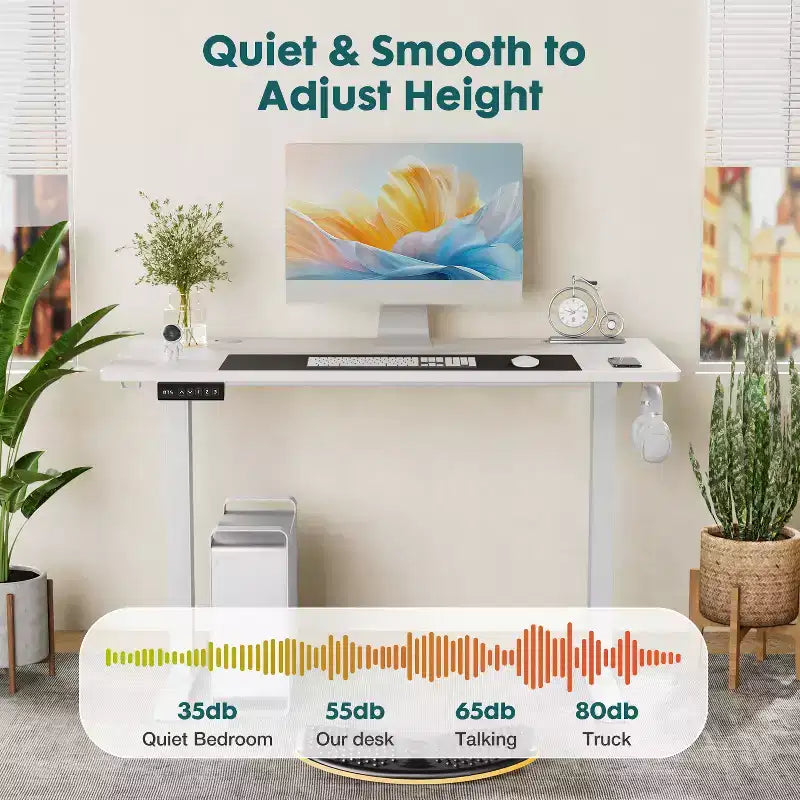 Scrivania elettrica regolabile in altezza 160 cm, piano giuntato con 2 ganci e gestione cavi, bianca