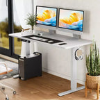 Scrivania elettrica regolabile in altezza 160 cm, piano giuntato con 2 ganci e gestione cavi, bianca