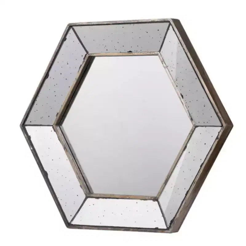 Specchio da parete esagonale 21 x 18 con finitura argento tradizionale, specchio decorativo per soggiorno, ingresso, camera da letto
