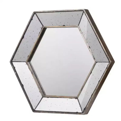 Specchio da parete esagonale 21 x 18 con finitura argento tradizionale, specchio decorativo per soggiorno, ingresso, camera da letto