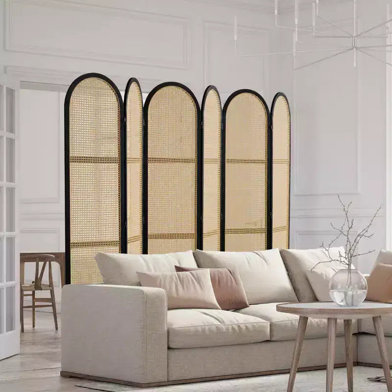 Paravento pieghevole in rattan intrecciato a mano a 6 pannelli, marrone