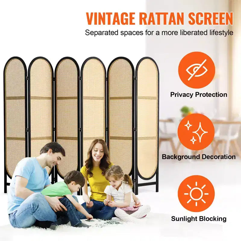 Paravento pieghevole in rattan intrecciato a mano a 6 pannelli, marrone
