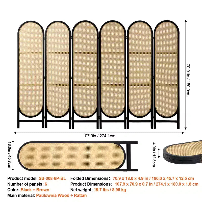 Paravento pieghevole in rattan intrecciato a mano a 6 pannelli, marrone