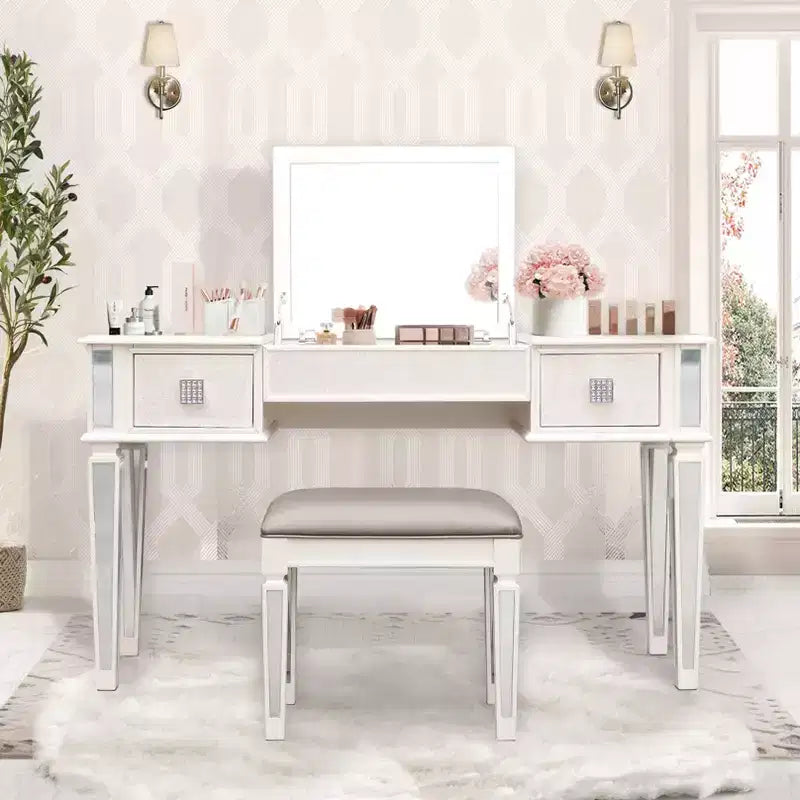 Okak Vanity Table with Drawers and Lights, Mirrored Vanities Desk with Drawers, Makeup Vanity Table Set with Mirror and Stool, White