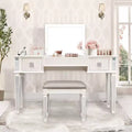 Okak Vanity Table with Drawers and Lights, Mirrored Vanities Desk with Drawers, Makeup Vanity Table Set with Mirror and Stool, White