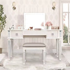 Okak Vanity Table with Drawers and Lights, Mirrored Vanities Desk with Drawers, Makeup Vanity Table Set with Mirror and Stool, White