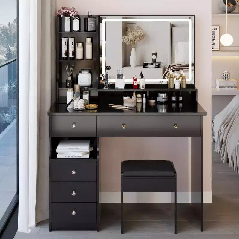 Okak Vanity Table and Chair Set with High Capacity Storage,41 Left Drawer Desktop Vanity Table with Extra Large Touch Control LED Mirror,Black