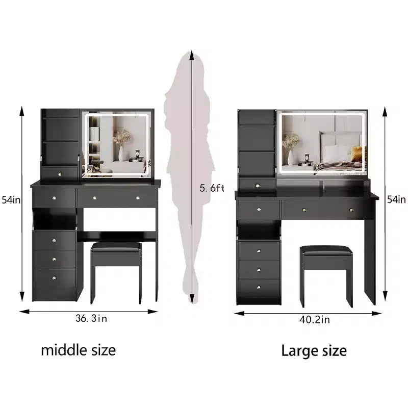 Set Tavolino da Trucco e Sedia con Specchio LED e Contenitore ad Alta Capacità