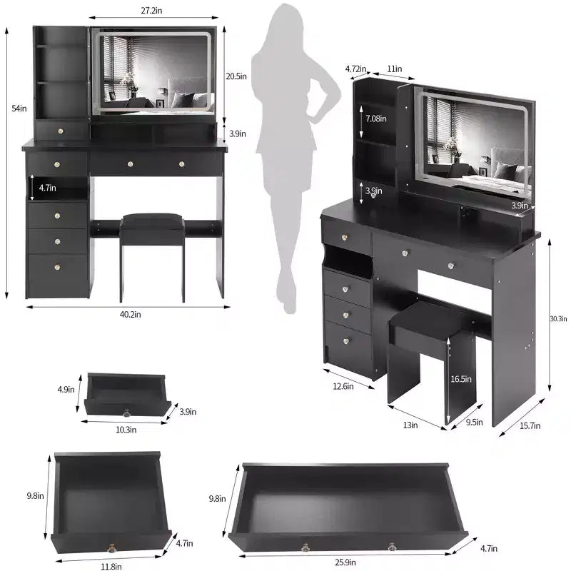 Set Tavolino da Trucco e Sedia con Specchio LED e Contenitore ad Alta Capacità