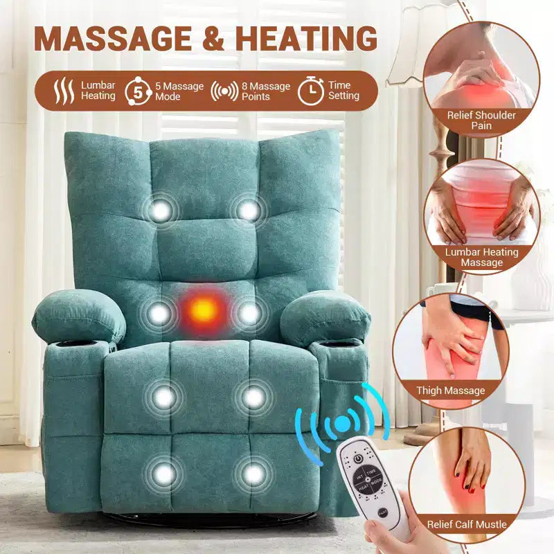 Poltrona Reclinabile Girevole a Dondolo con Funzione di Calore e Massaggio, Divano Singolo Girevole a 360 Gradi, Poltrone Reclinabili Lazy Boy per Soggiorno