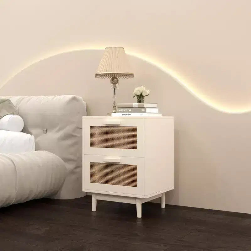 Comodino in rattan, comodino in legno, tavolino d'appoggio, tavolino da salotto con 2 cassetti, naturale antico-ModernLuxe