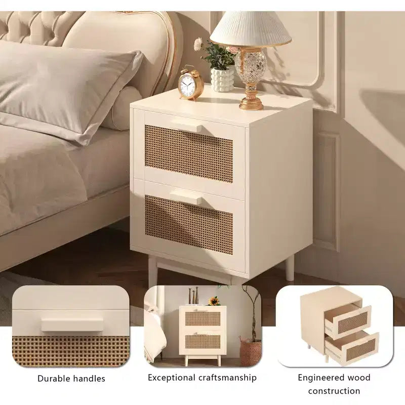 Comodino in rattan, comodino in legno, tavolino d'appoggio, tavolino da salotto con 2 cassetti, naturale antico-ModernLuxe