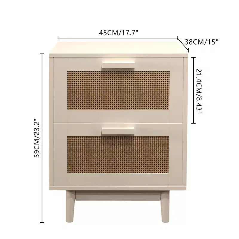 Comodino in rattan, comodino in legno, tavolino d'appoggio, tavolino da salotto con 2 cassetti, naturale antico-ModernLuxe