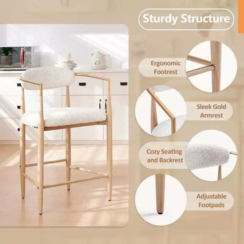 Sgabelli da Bar con Braccioli Bouclé Set da 4, con Gambe in Metallo Effetto Legno per Cucina, Soggiorno, Ristorante, Caffetteria - Morden Fort