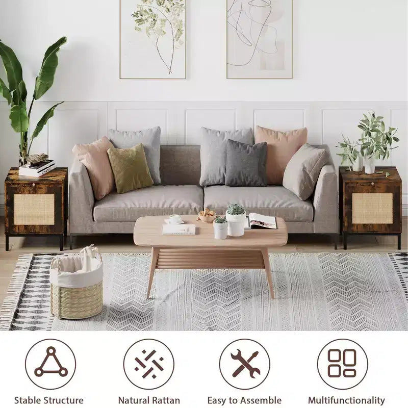 Comodino in Rattan Set da 2 con Ante e Vassoio Estraibile