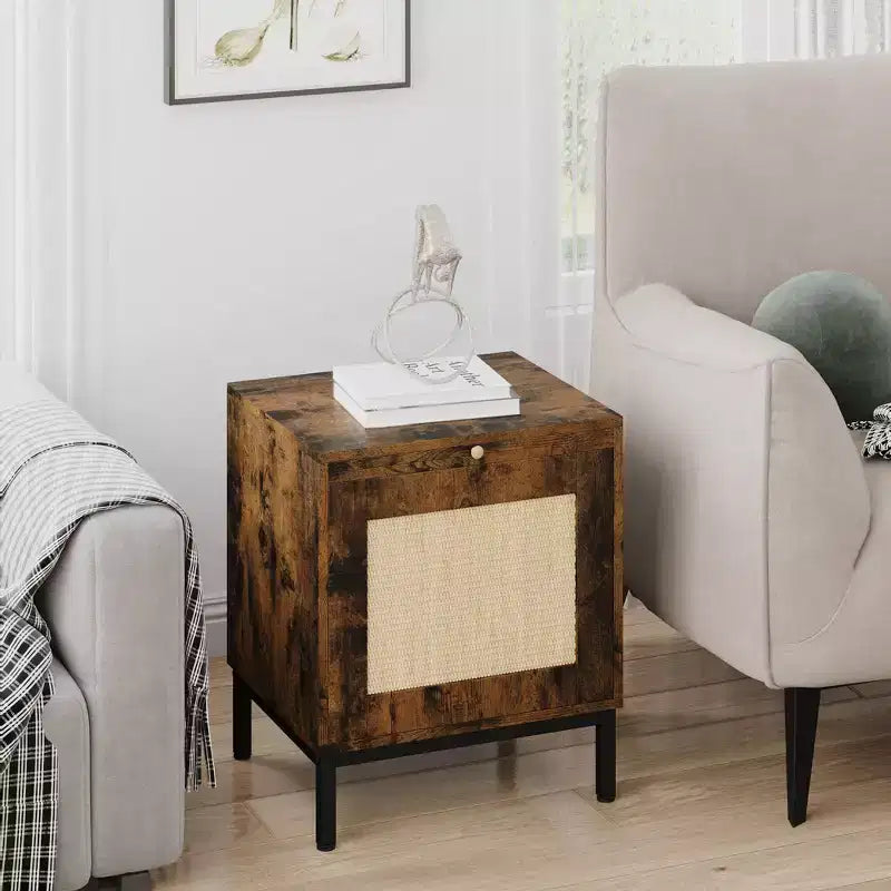 Comodino in Rattan Set da 2 con Ante e Vassoio Estraibile