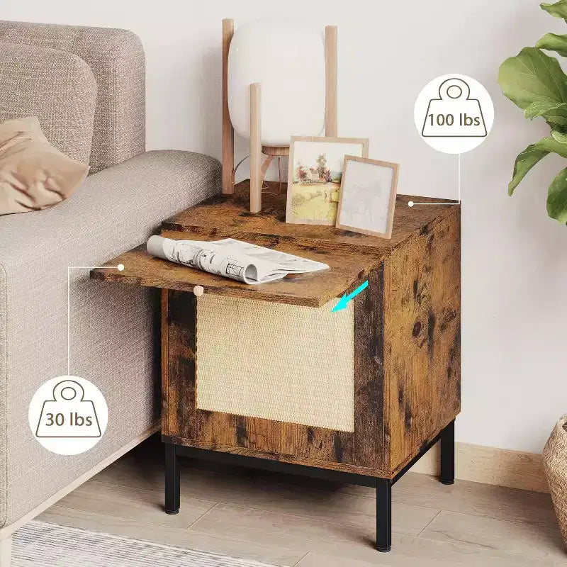 Comodino in Rattan Set da 2 con Ante e Vassoio Estraibile