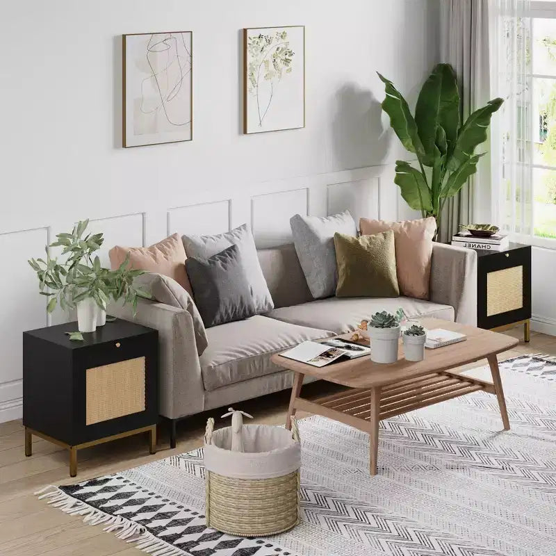 Comodino in Rattan Set da 2 con Ante e Vassoio Estraibile