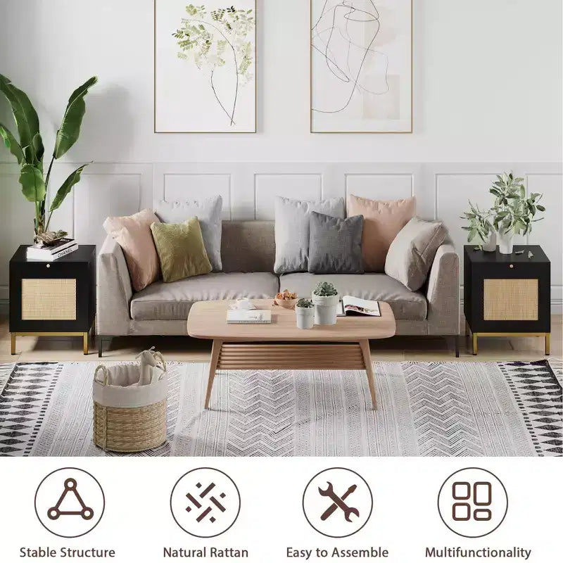 Comodino in Rattan Set da 2 con Ante e Vassoio Estraibile