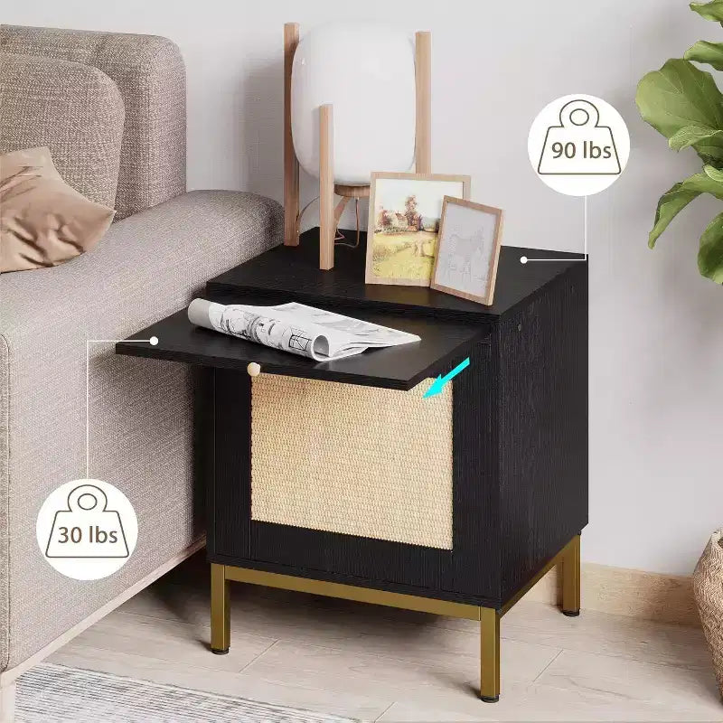 Comodino in Rattan Set da 2 con Ante e Vassoio Estraibile