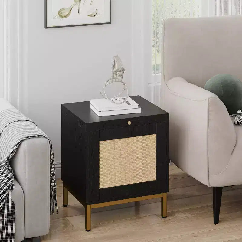 Comodino in Rattan Set da 2 con Ante e Vassoio Estraibile