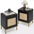Acekool Rattan Nightstand 2-Pack with Storage Cabinet and Pull-Out Tray, Retro End Tables with Metal Legs for Bedroom, Living Room, Office