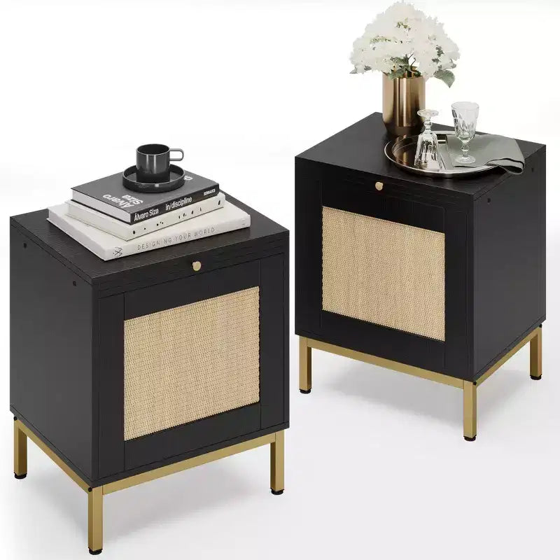 Acekool Rattan Nightstand 2-Pack with Storage Cabinet and Pull-Out Tray, Retro End Tables with Metal Legs for Bedroom, Living Room, Office