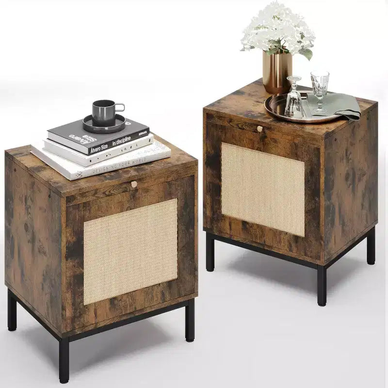 Comodino in Rattan Set da 2 con Ante e Vassoio Estraibile