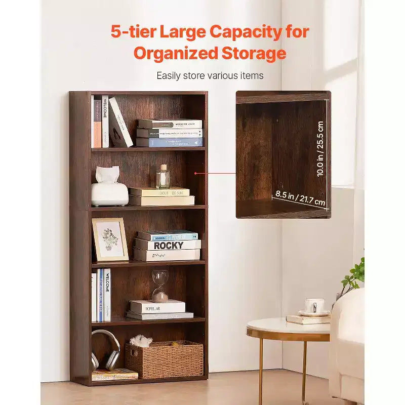 Libreria stretta in legno a 5 ripiani, scaffale sottile alto 134 cm