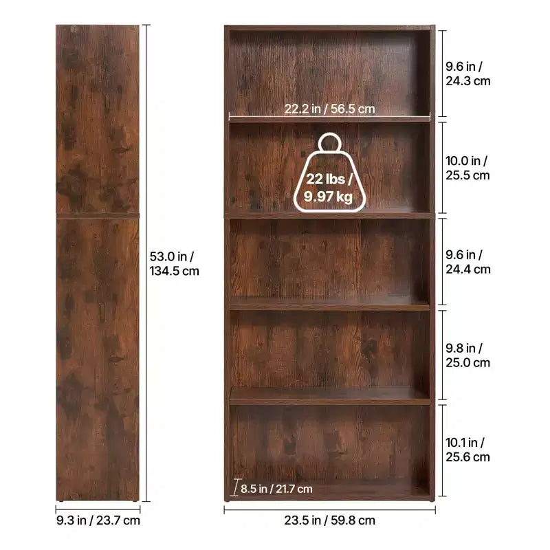 Libreria stretta in legno a 5 ripiani, scaffale sottile alto 134 cm