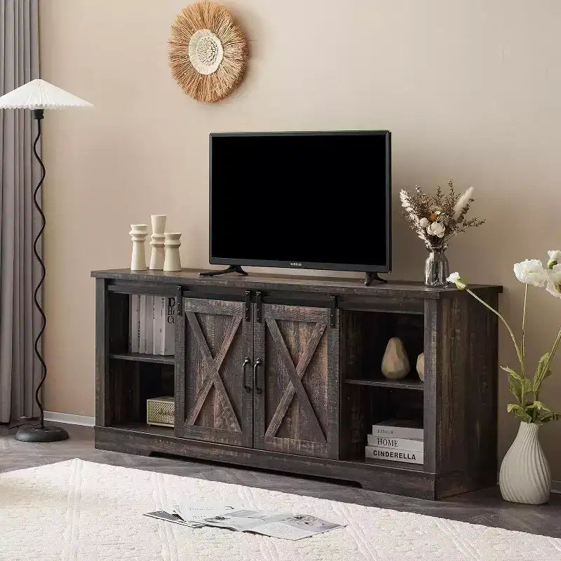 AMERLIFE 66 Farmhouse TV Stand for 75 Inches TVs, Entertainment Center with Sliding Barn Door