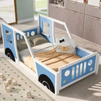 Okak Twin Size Bed Frame with Wheels Shape, Classic Car-Shaped Platform Bed with Wheels for Bedroom, Blue