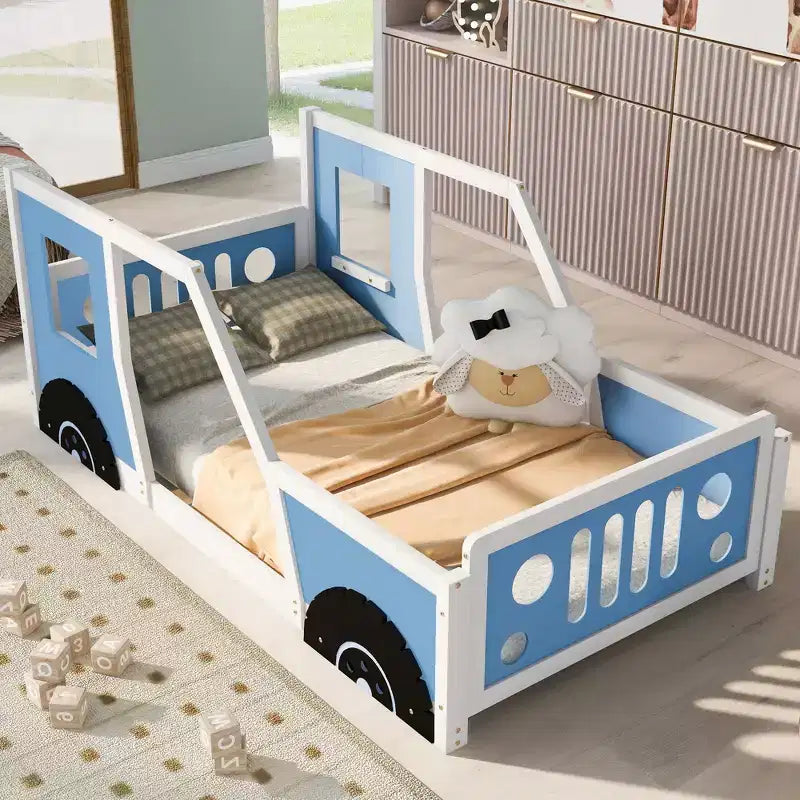 Okak Twin Size Bed Frame with Wheels Shape, Classic Car-Shaped Platform Bed with Wheels for Bedroom, Blue