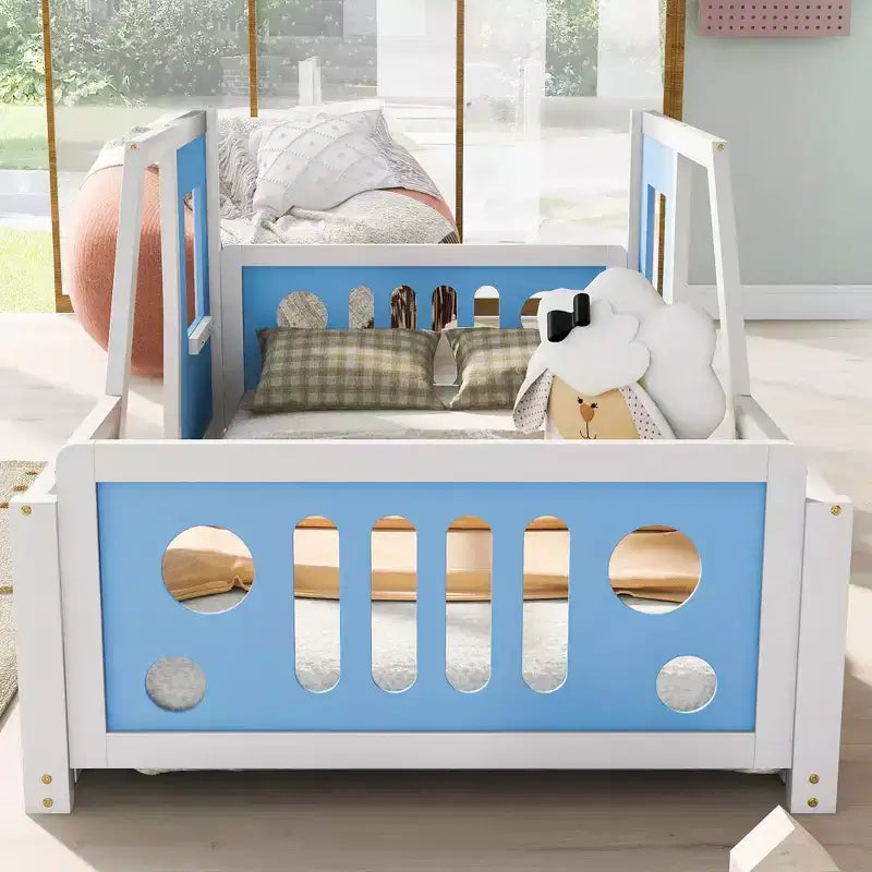 Struttura letto a piattaforma a forma di auto, con ruote, per letto singolo