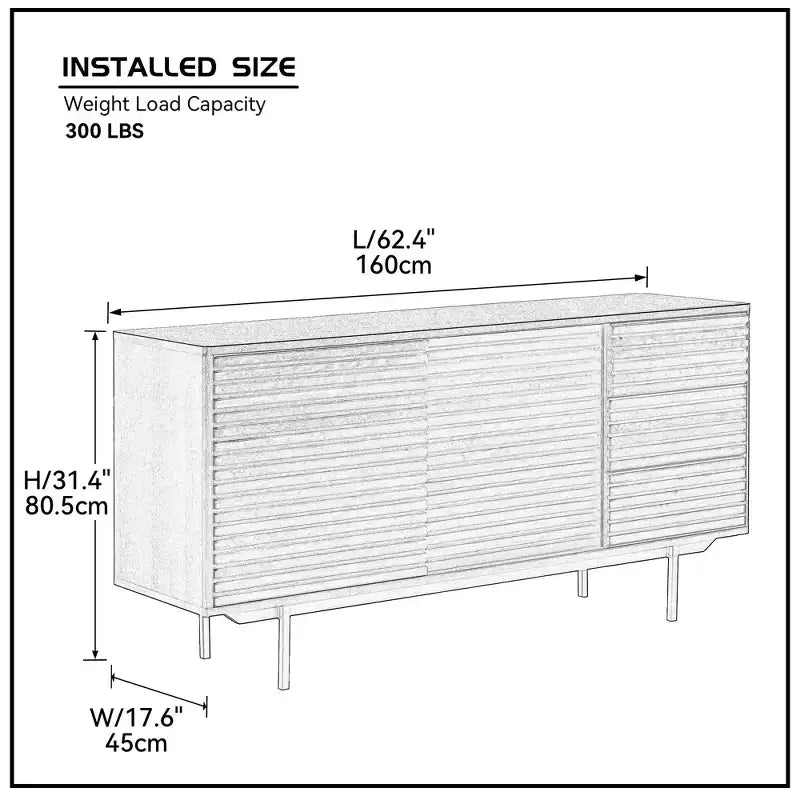 Credenza Buffet Mid-Century in Legno da 62,4" con 2 Ante e 3 Cassetti