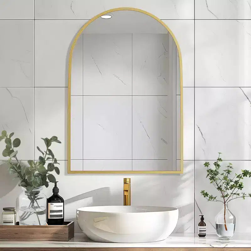 Specchio da bagno ad arco 38x26 con cornice in lega di alluminio, specchio da parete HD per camera da letto, soggiorno, ingresso, oro