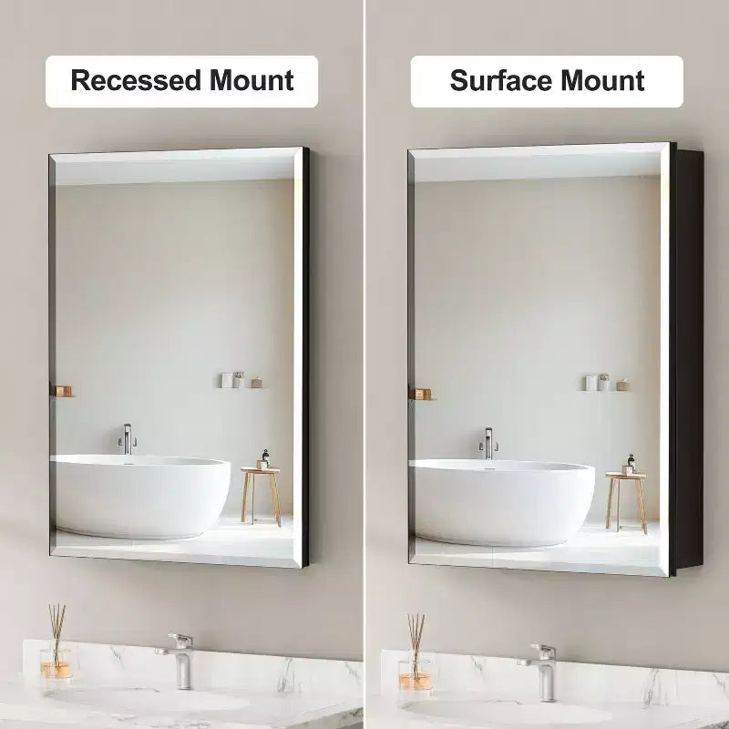 Pensile da bagno a specchio Belle, mobile a incasso/da parete per bagno, specchio bisellato, ripiani regolabili in vetro temperato, nero