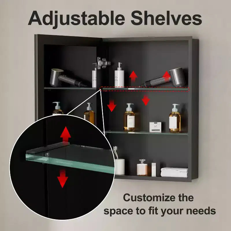 Pensile da bagno a specchio Belle, mobile a incasso/da parete per bagno, specchio bisellato, ripiani regolabili in vetro temperato, nero