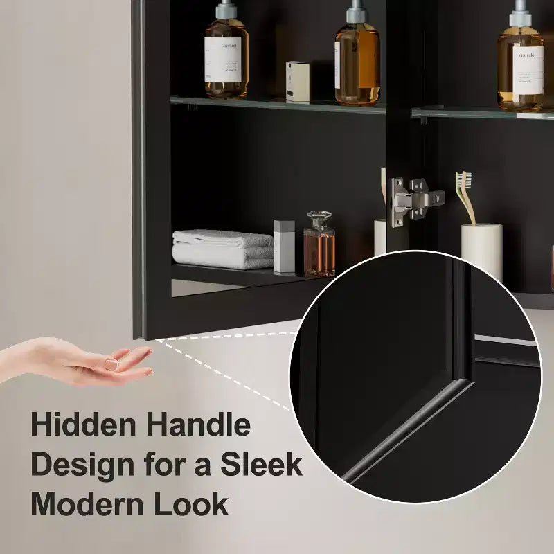 Pensile da bagno a specchio Belle, mobile a incasso/da parete per bagno, specchio bisellato, ripiani regolabili in vetro temperato, nero