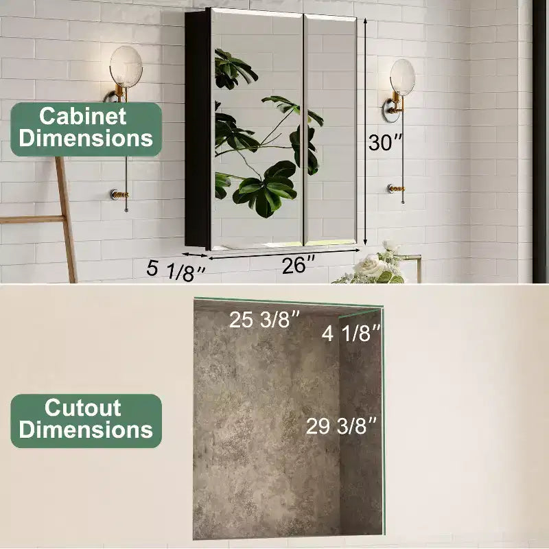 Pensile da bagno a specchio Belle, mobile a incasso/da parete per bagno, specchio bisellato, ripiani regolabili in vetro temperato, nero