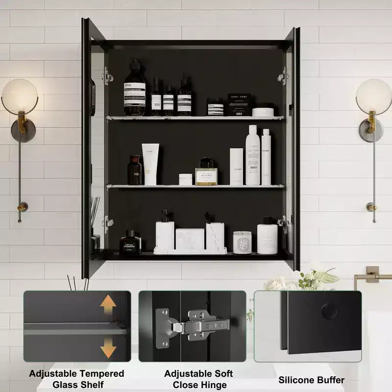 Pensile da bagno a specchio Belle, mobile a incasso/da parete per bagno, specchio bisellato, ripiani regolabili in vetro temperato, nero