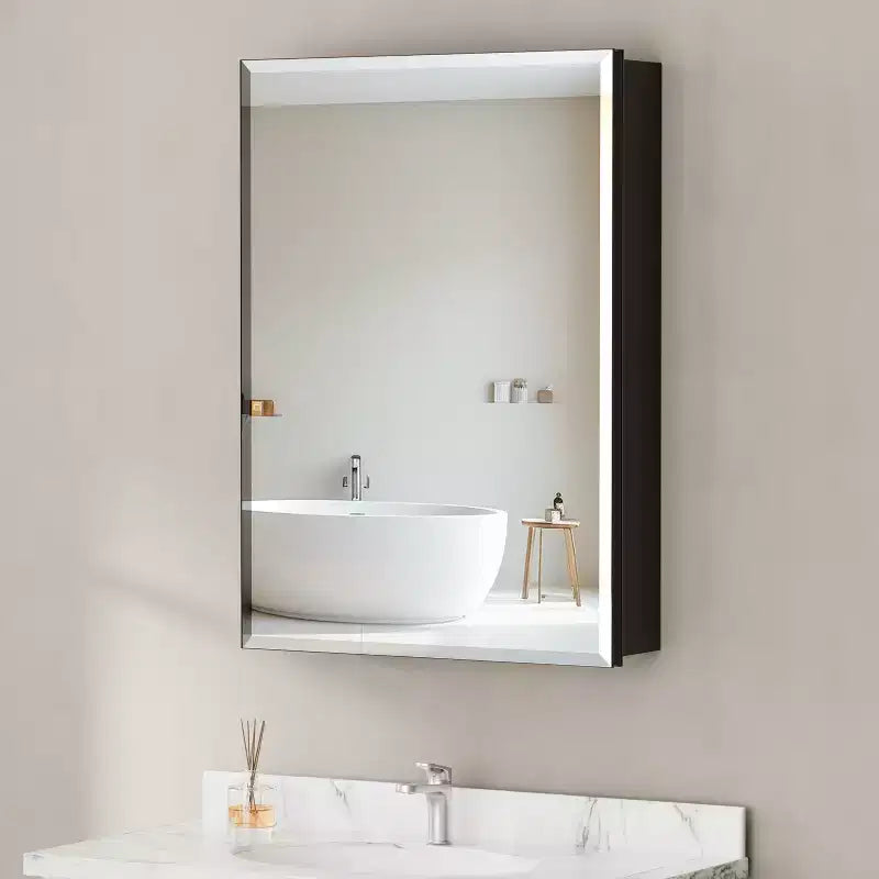 Pensile da bagno a specchio Belle, mobile a incasso/da parete per bagno, specchio bisellato, ripiani regolabili in vetro temperato, nero