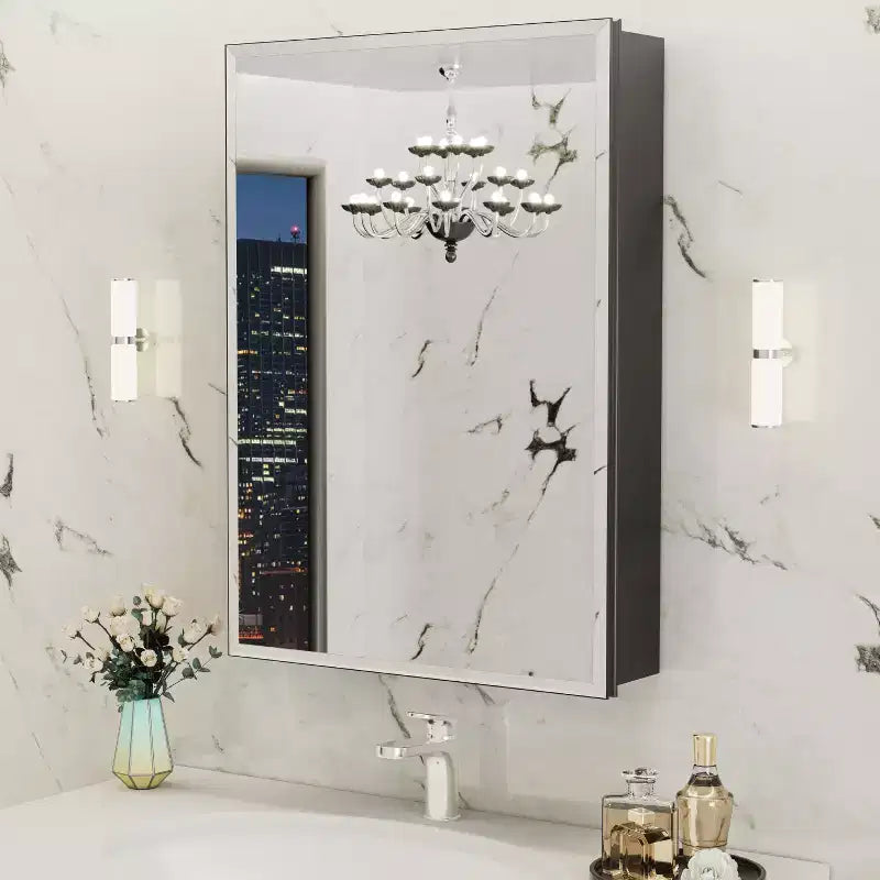 Pensile da bagno a specchio Belle, mobile a incasso/da parete per bagno, specchio bisellato, ripiani regolabili in vetro temperato, nero