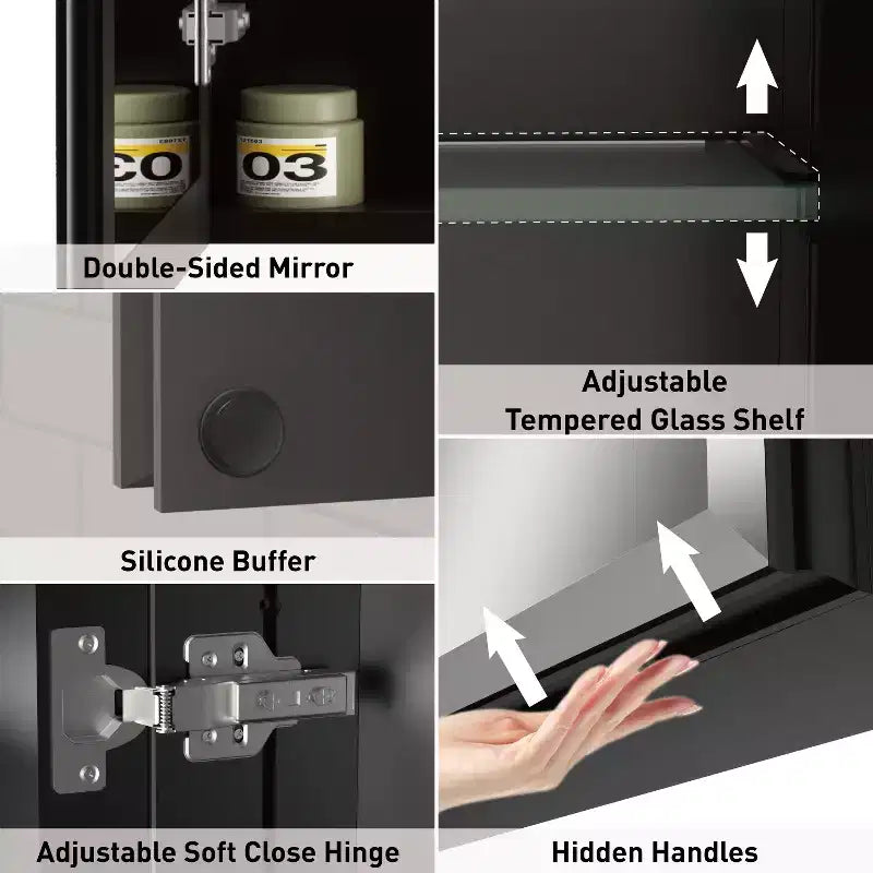 Pensile da bagno a specchio Belle, mobile a incasso/da parete per bagno, specchio bisellato, ripiani regolabili in vetro temperato, nero