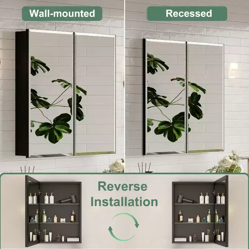 Pensile da bagno a specchio Belle, mobile a incasso/da parete per bagno, specchio bisellato, ripiani regolabili in vetro temperato, nero