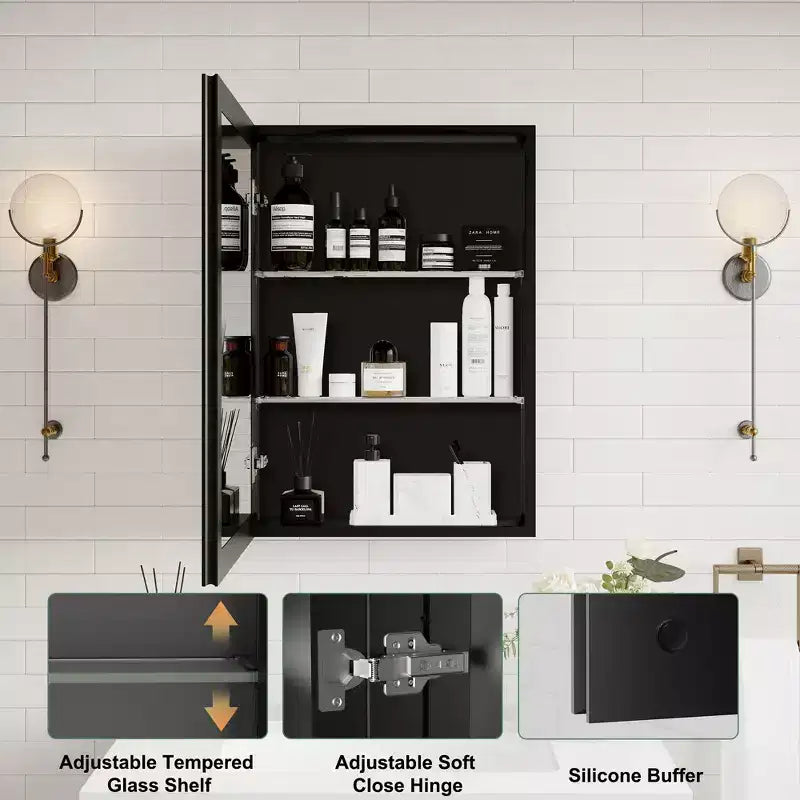 Pensile da bagno a specchio Belle, mobile a incasso/da parete per bagno, specchio bisellato, ripiani regolabili in vetro temperato, nero